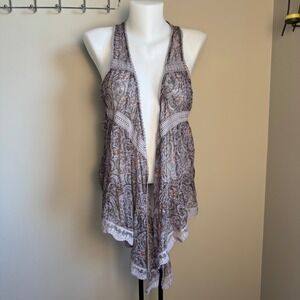 Heartloom Silk Open Cover up Crochet Trim Sleeveless Floral Paisley Size L Fairy